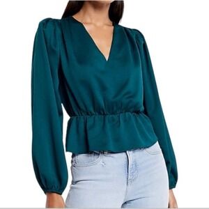 Womens Express‎ V-Neck Peplum Teal Puff Sleeve Blouse